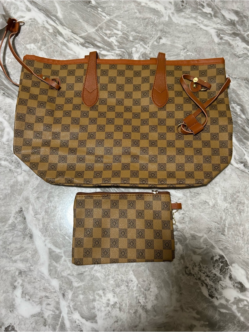 Brown Checkered Tote Bag with Wristlet - Classic Everyday Carry